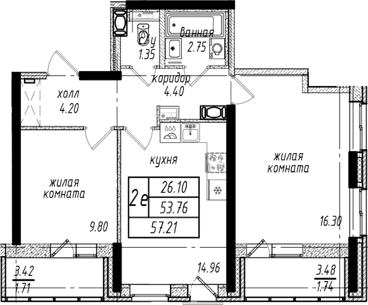 2-комнатная квартира 57.21 м², 4/25 эт., ЖК «Северная Долина»